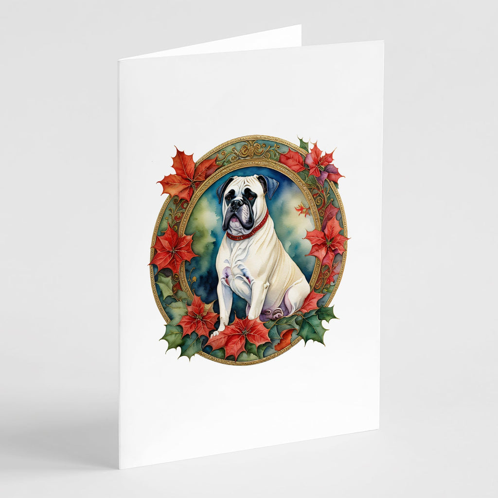 White Boxer Christmas Flowers Greeting Cards Pack of 8 Blank Cards with Envelopes Whimsical A7 Size 5x7