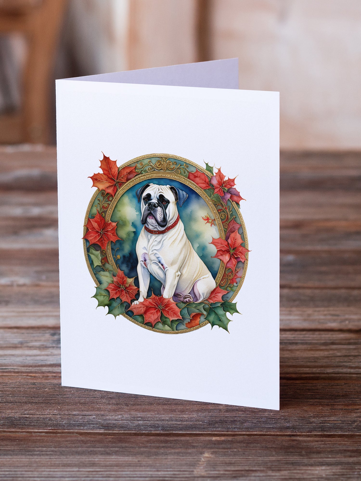 White Boxer Christmas Flowers Greeting Cards Pack of 8 Blank Cards with Envelopes Whimsical A7 Size 5x7