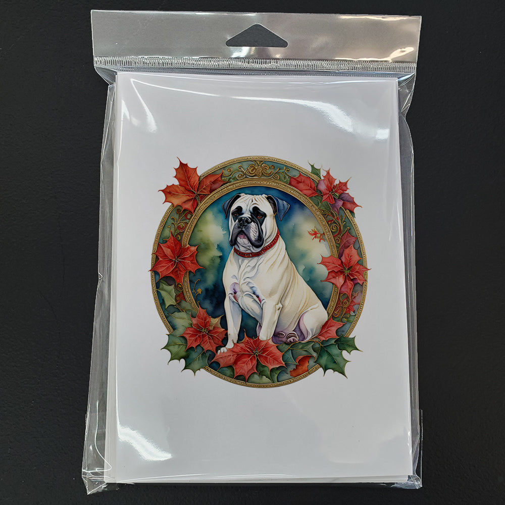 White Boxer Christmas Flowers Greeting Cards Pack of 8 Blank Cards with Envelopes Whimsical A7 Size 5x7