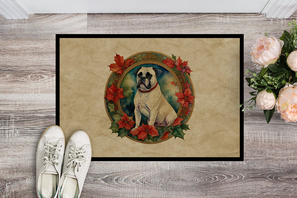 White Boxer Christmas Flowers Doormat Indoor Outdoor 24H X 36W Front Door Mat Rugs for Entryway, Non Slip Washable Low Pile,