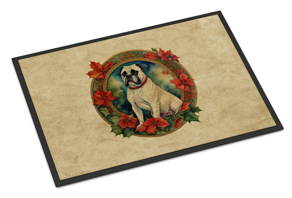 White Boxer Christmas Flowers Doormat Indoor Outdoor 18H X 27W Front Door Mat Rugs for Entryway, Non Slip Washable