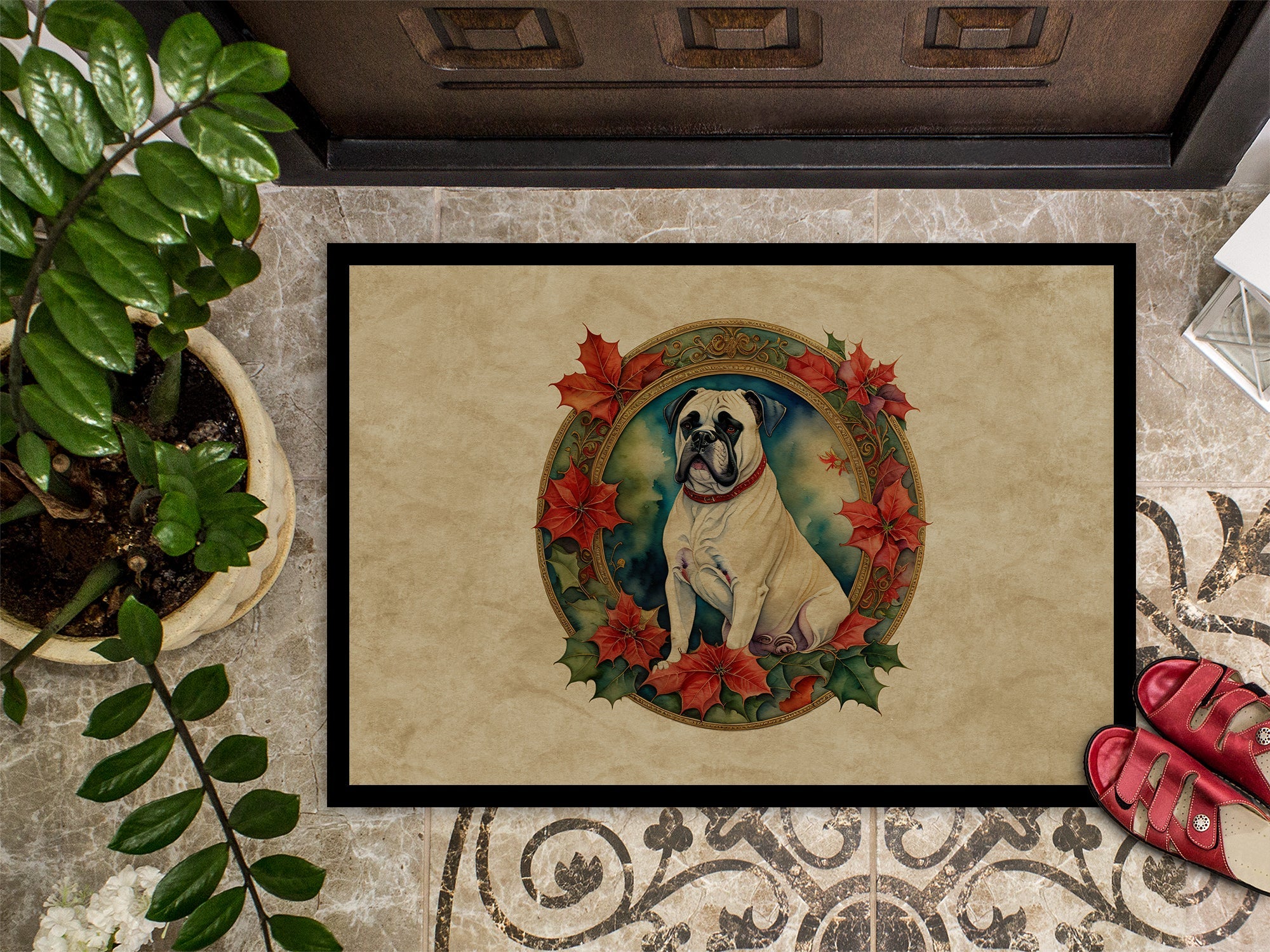 White Boxer Christmas Flowers Doormat Indoor Outdoor 18H X 27W Front Door Mat Rugs for Entryway, Non Slip Washable