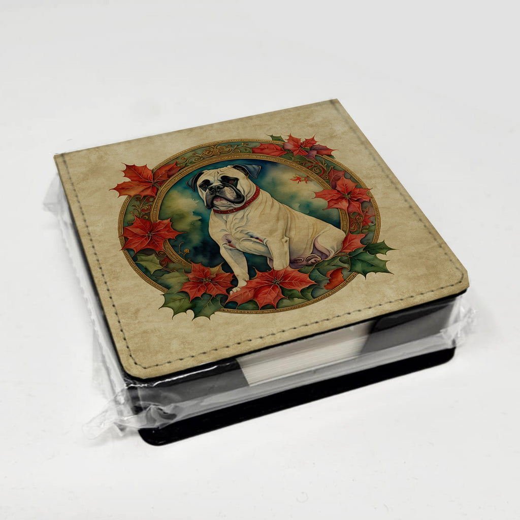 White Boxer Christmas Flowers PU Leather Note Paper Holder with Artist-Designed Cover, Desk Accessory, Office Gift