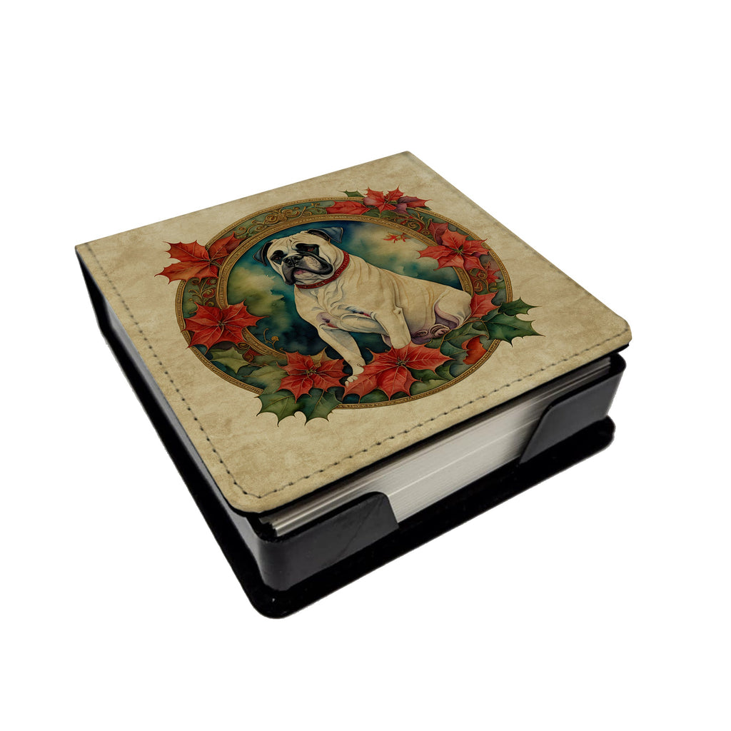 White Boxer Christmas Flowers PU Leather Note Paper Holder with Artist-Designed Cover, Desk Accessory, Office Gift