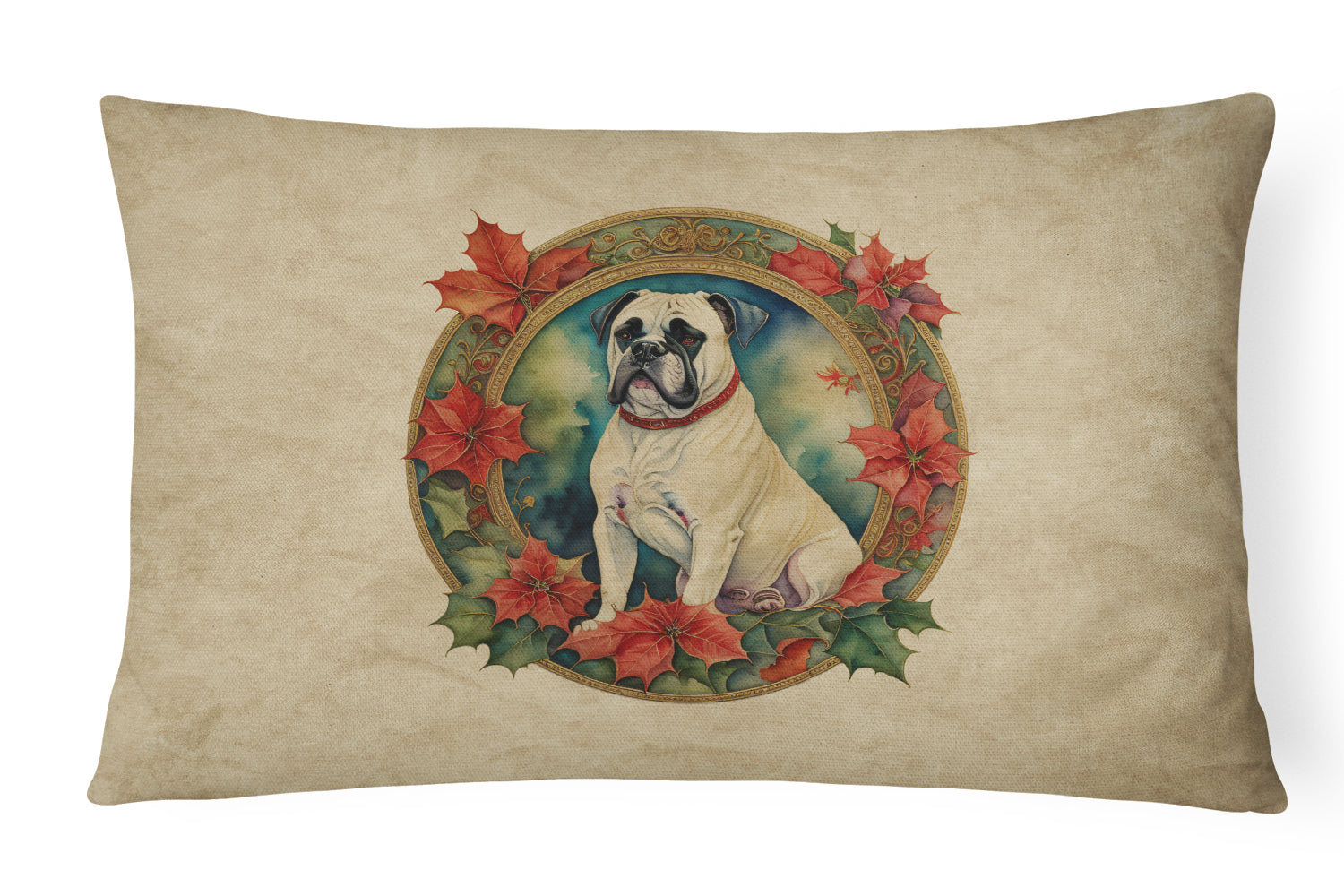 White Boxer Christmas Flowers Decorative Throw Pillow 12x16 Indoor Outdoor Accent Cushion, Fabric Cover with Insert for Sofa, Bed, Porch & Living Room
