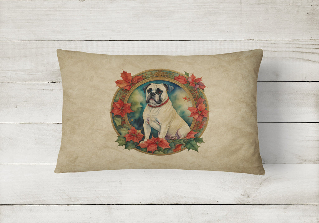 White Boxer Christmas Flowers Decorative Throw Pillow 12x16 Indoor Outdoor Accent Cushion, Fabric Cover with Insert for Sofa, Bed, Porch & Living Room
