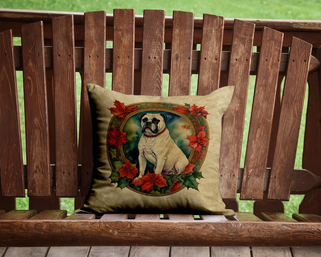 White Boxer Christmas Flowers Decorative Throw Pillow 14x14 Indoor Outdoor Accent Cushion, Fabric Cover with Insert for Sofa, Bed, Porch & Living Room