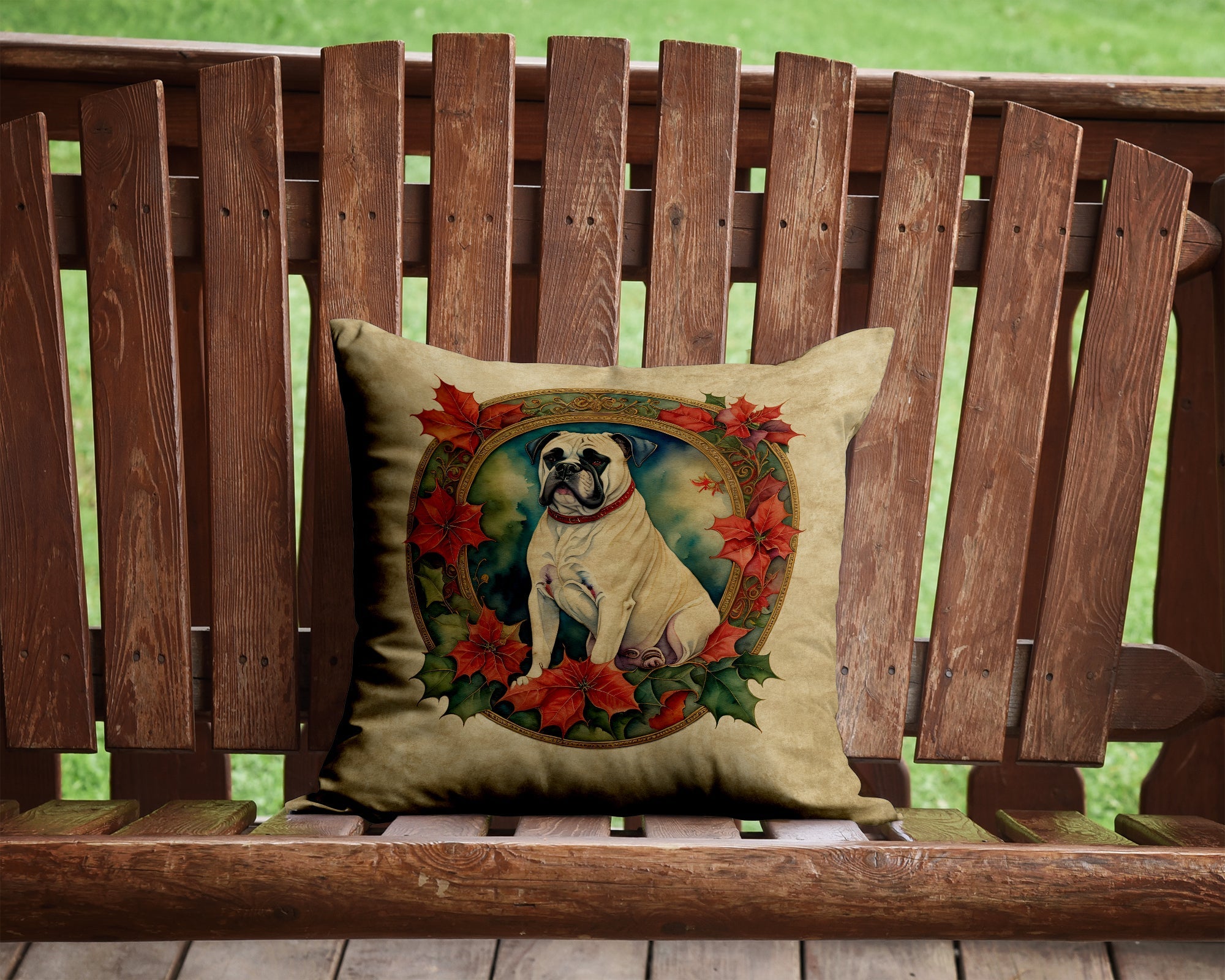 White Boxer Christmas Flowers Decorative Throw Pillow 14x14 Indoor Outdoor Accent Cushion, Fabric Cover with Insert for Sofa, Bed, Porch & Living Room