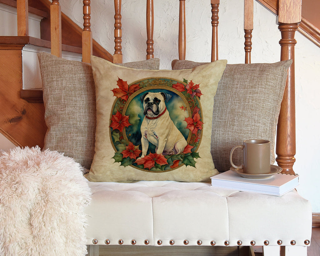 White Boxer Christmas Flowers Decorative Throw Pillow 14x14 Indoor Outdoor Accent Cushion, Fabric Cover with Insert for Sofa, Bed, Porch & Living Room