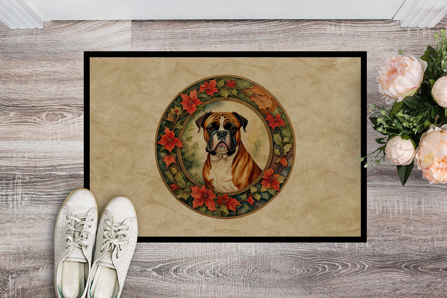 Boxer Christmas Flowers Doormat Indoor Outdoor 24H X 36W Front Door Mat Rugs for Entryway, Non Slip Washable Low Pile,