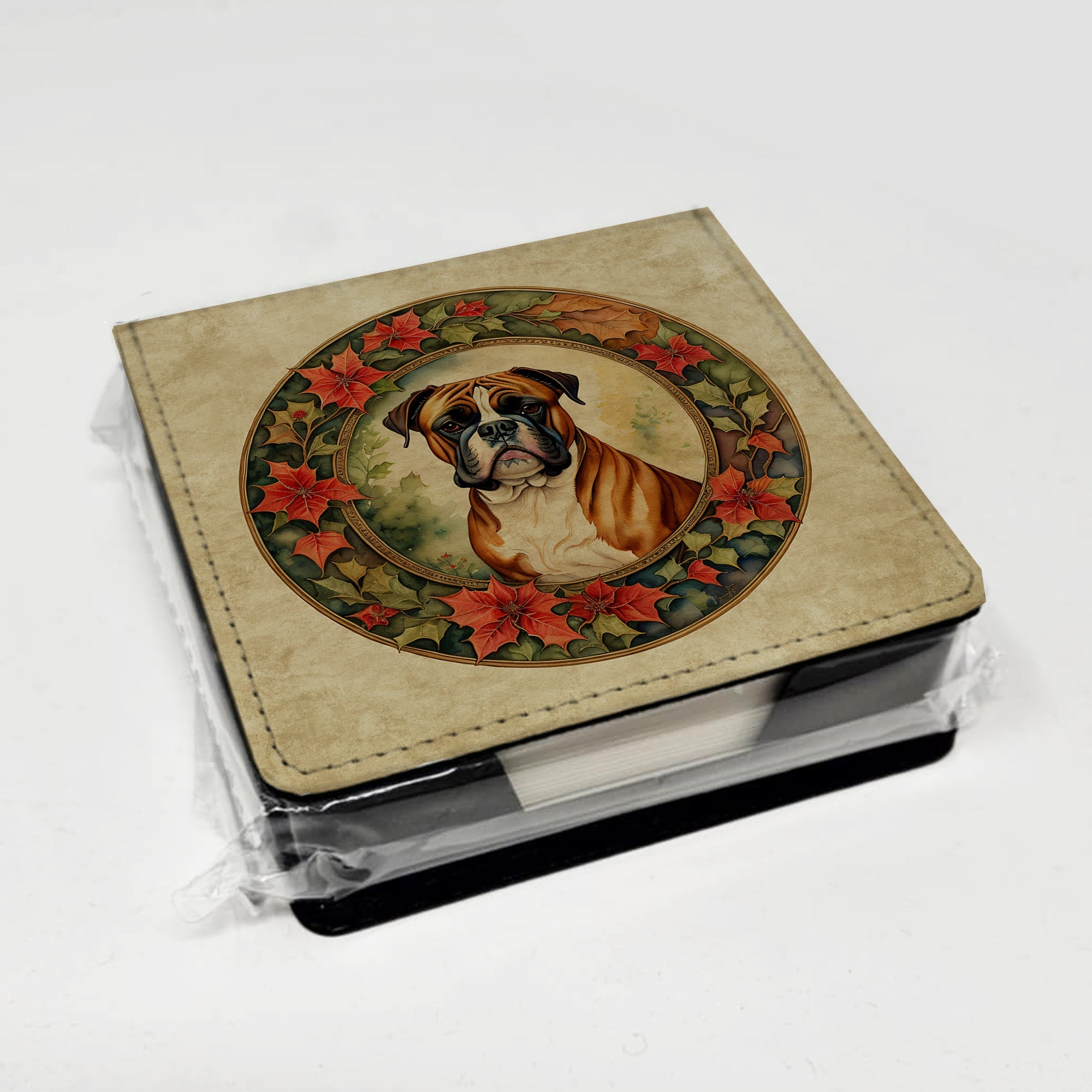 Boxer Christmas Flowers PU Leather Note Paper Holder with Artist-Designed Cover, Desk Accessory, Office Gift