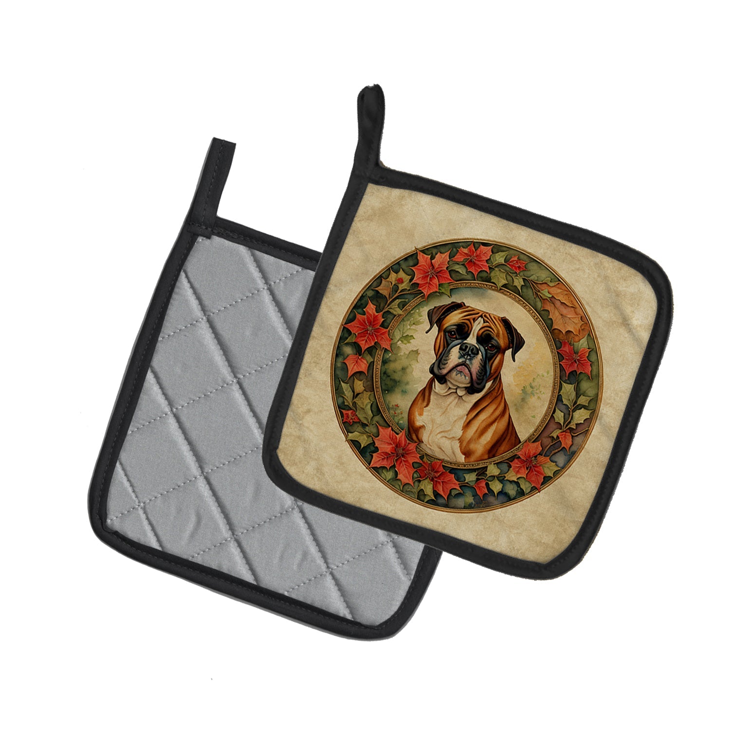 Boxer Christmas Flowers Pot Holder Set of 2 Heat Resistant Quilted Hot Pads 7.5 x 7.5 Inch, Insulated Kitchen Trivets for Cooking & Baking
