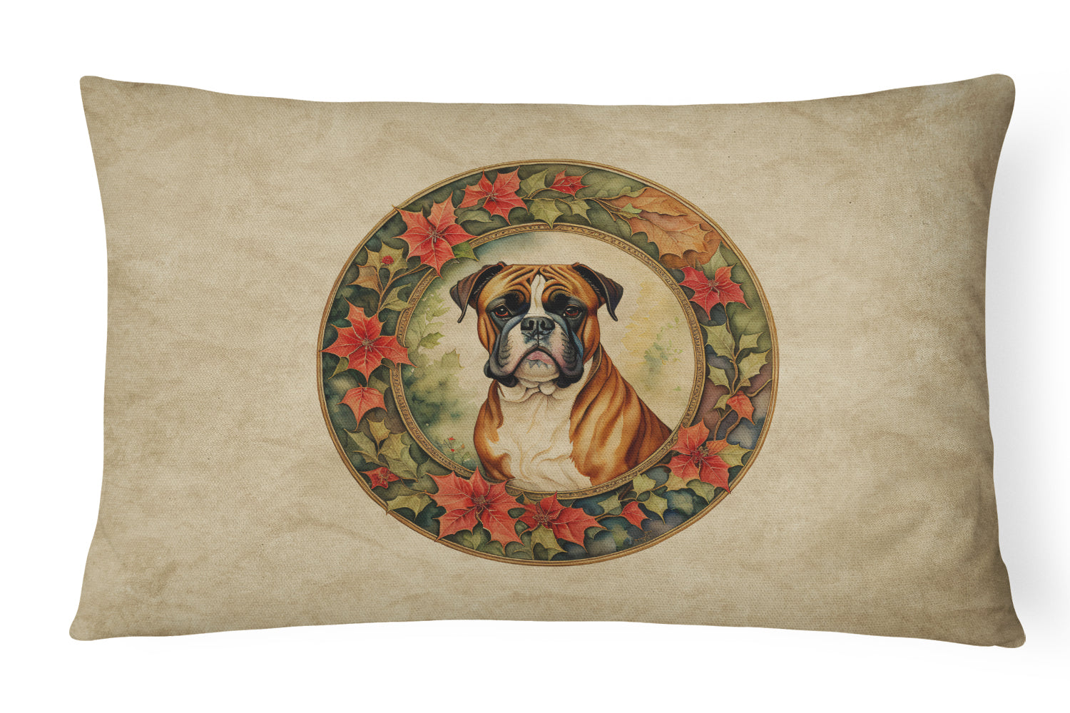 Boxer Christmas Flowers Decorative Throw Pillow 12x16 Indoor Outdoor Accent Cushion, Fabric Cover with Insert for Sofa, Bed, Porch & Living Room