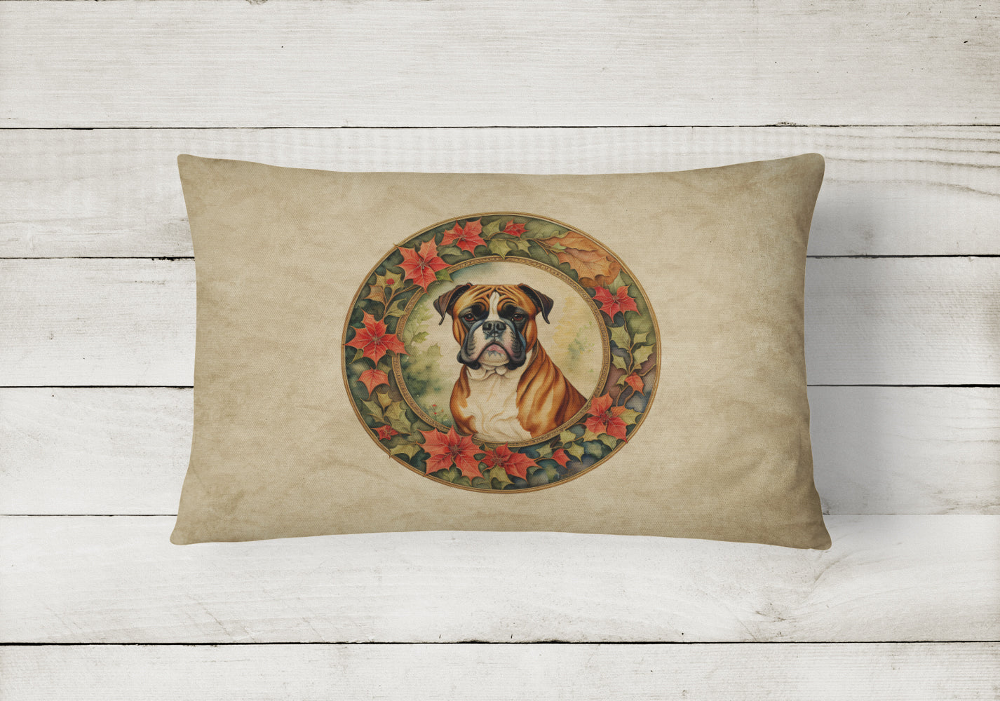 Boxer Christmas Flowers Decorative Throw Pillow 12x16 Indoor Outdoor Accent Cushion, Fabric Cover with Insert for Sofa, Bed, Porch & Living Room