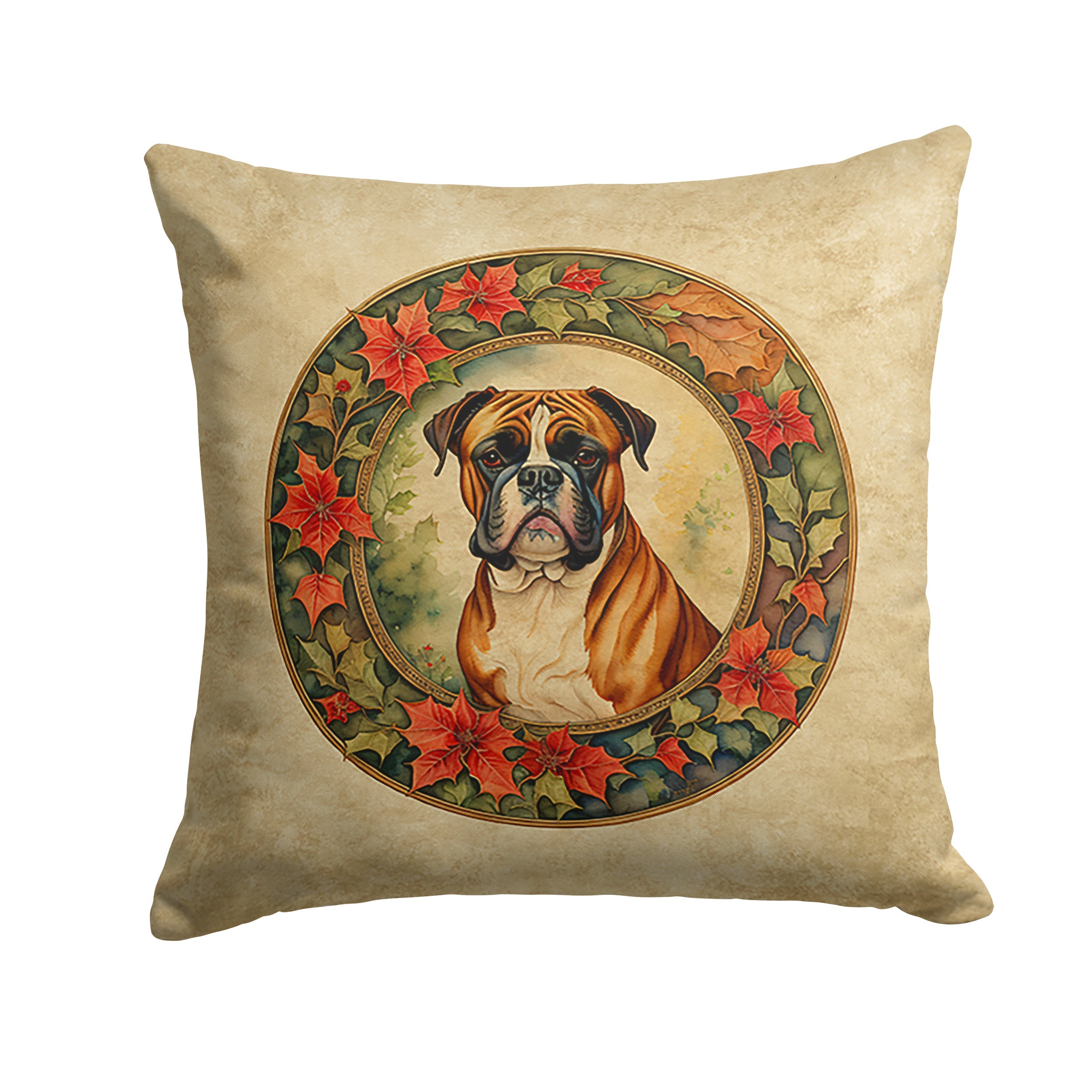 Boxer Christmas Flowers Decorative Throw Pillow 14x14 Indoor Outdoor Accent Cushion, Fabric Cover with Insert for Sofa, Bed, Porch & Living Room