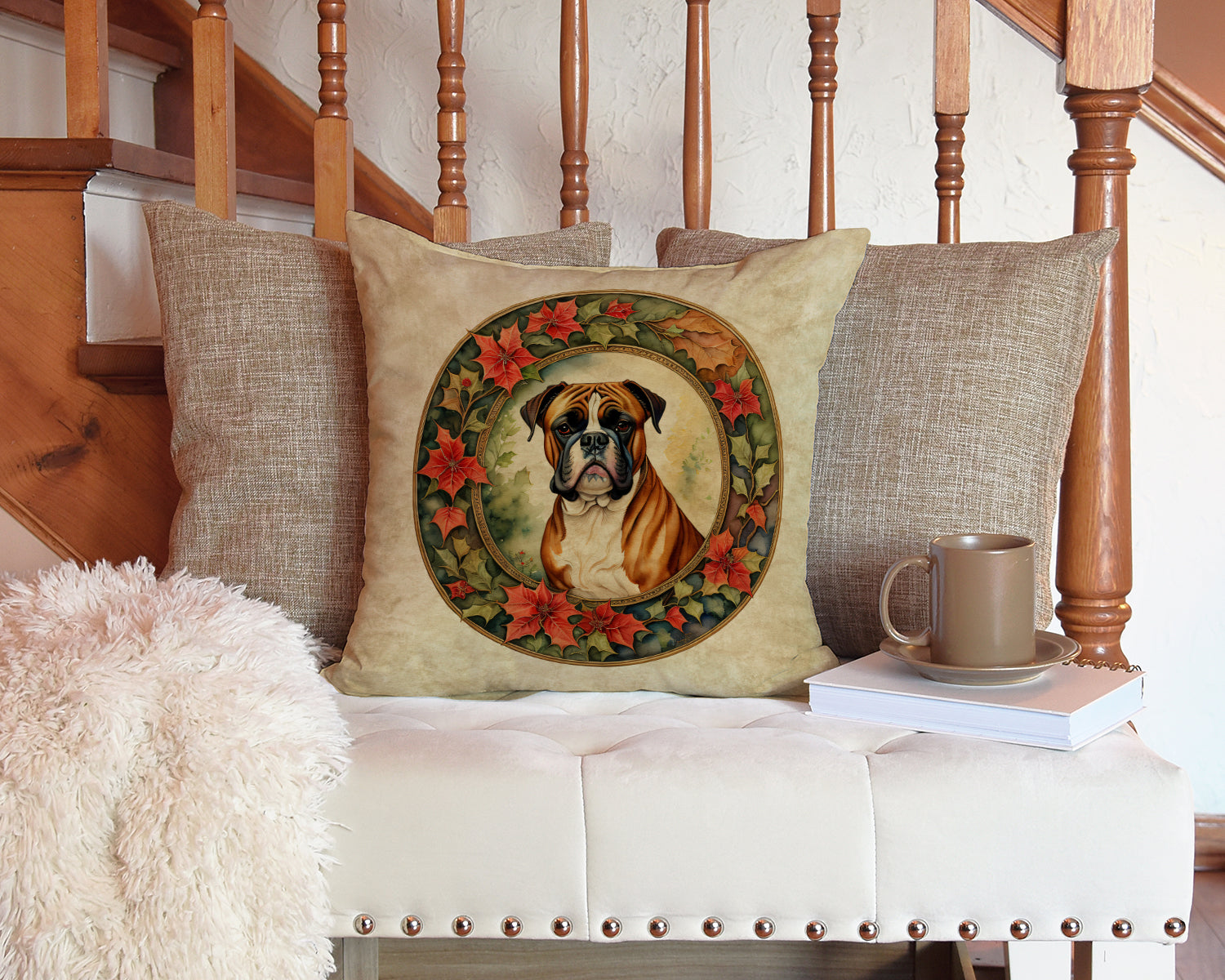 Boxer Christmas Flowers Decorative Throw Pillow 14x14 Indoor Outdoor Accent Cushion, Fabric Cover with Insert for Sofa, Bed, Porch & Living Room