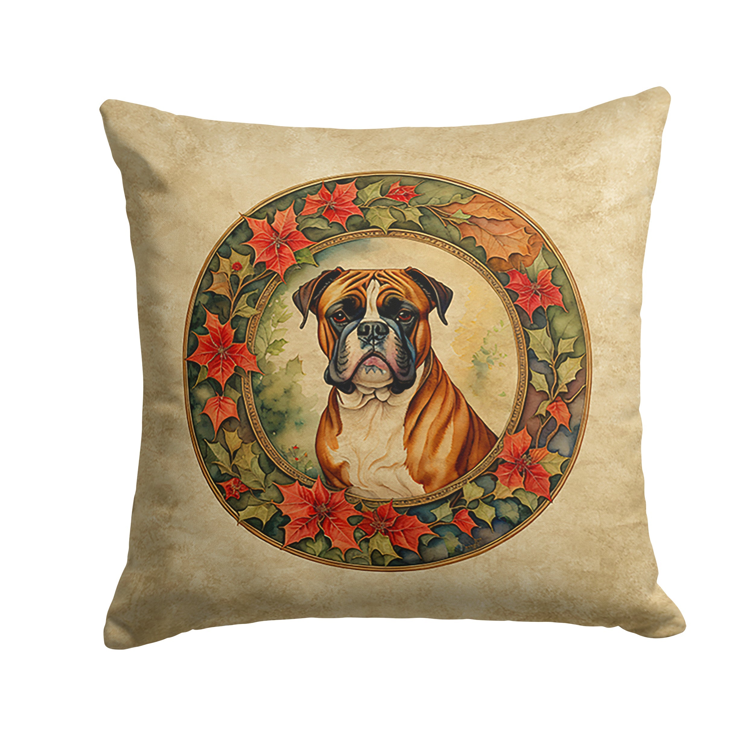 Boxer Christmas Flowers Decorative Throw Pillow 18x18 Indoor Outdoor Accent Cushion, Fabric Cover with Insert for Sofa, Bed, Porch & Living Room