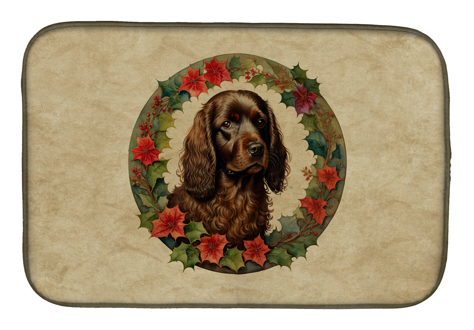 Boykin Spaniel Christmas Flowers Dish Drying Mat Absorbent Dish Drying Mat Pad for Kitchen Counter Dish Drainer Mat for Countertop, 14 x 21", Multicolor