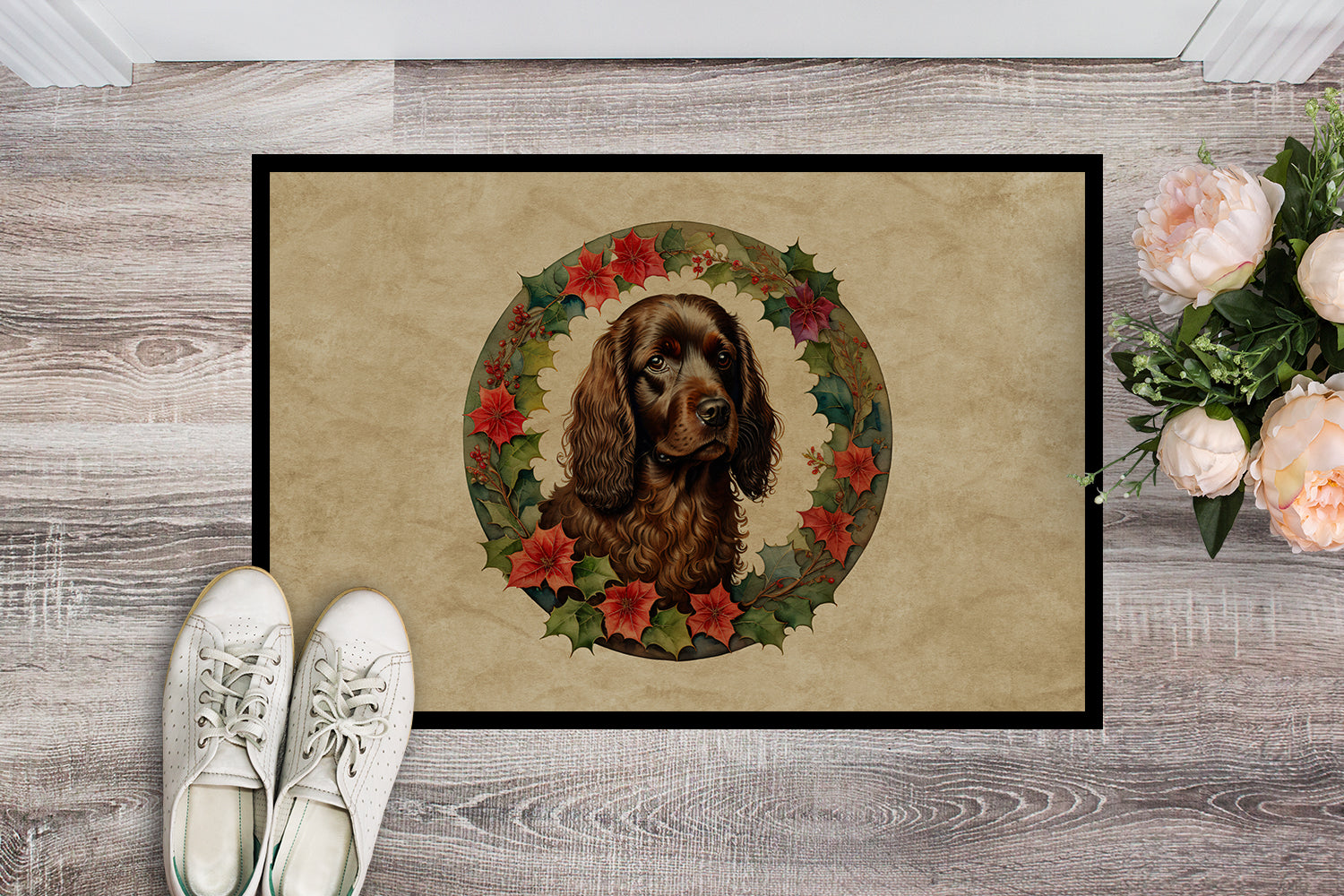 Boykin Spaniel Christmas Flowers Doormat Indoor Outdoor 24H X 36W Front Door Mat Rugs for Entryway, Non Slip Washable Low Pile,