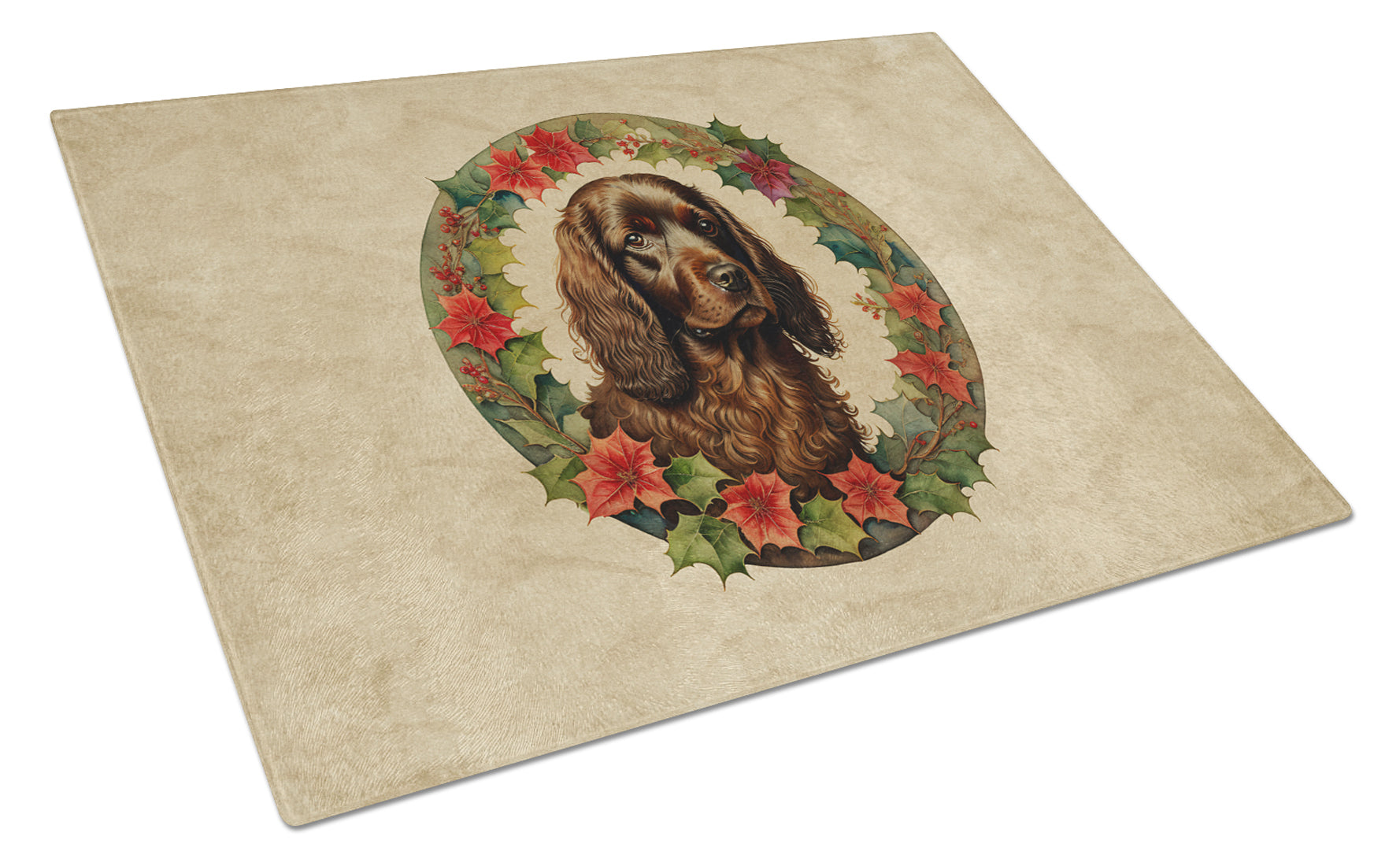 Boykin Spaniel Christmas Flowers Cutting Board Tempered Glass Kitchen Cutting Surface, Heat Resistant Chopping, Non-Slip Feet, Food Prep & Serving