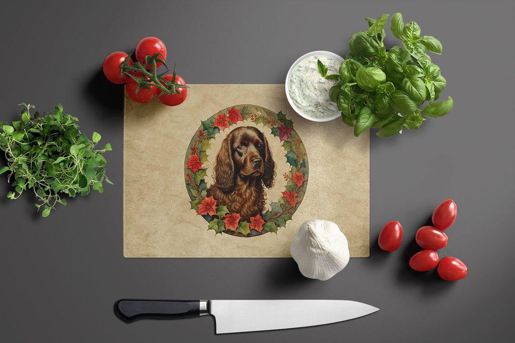 Boykin Spaniel Christmas Flowers Cutting Board Tempered Glass Kitchen Cutting Surface, Heat Resistant Chopping, Non-Slip Feet, Food Prep & Serving