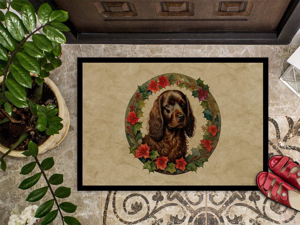 Boykin Spaniel Christmas Flowers Doormat Indoor Outdoor 18H X 27W Front Door Mat Rugs for Entryway, Non Slip Washable