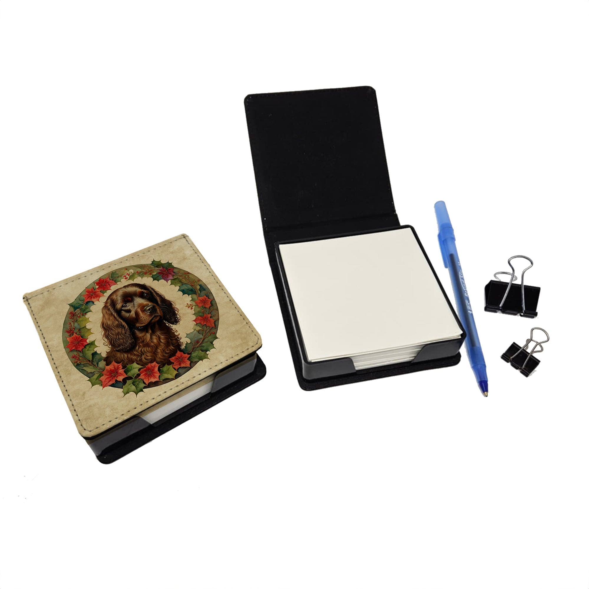 Boykin Spaniel Christmas Flowers PU Leather Note Paper Holder with Artist-Designed Cover, Desk Accessory, Office Gift