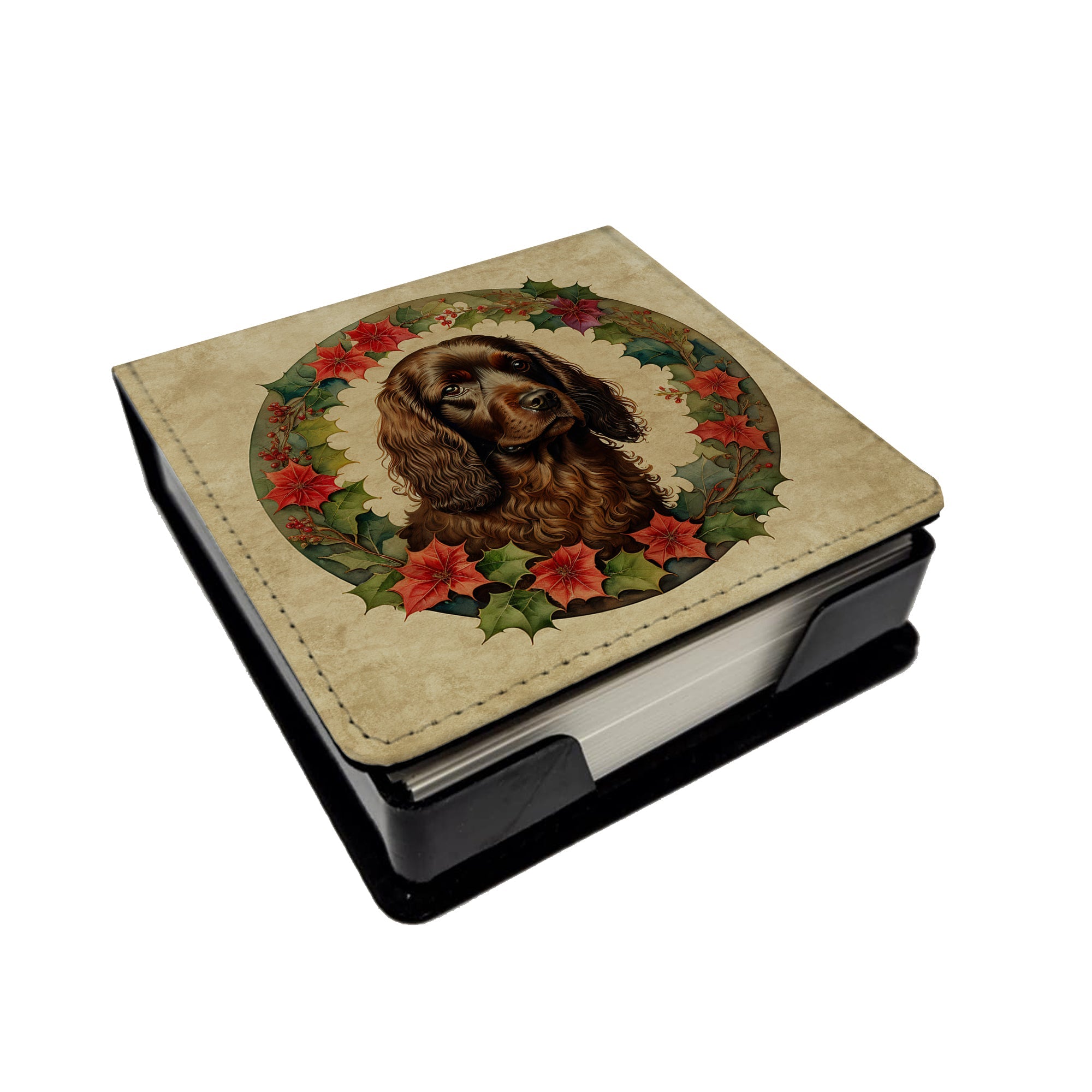 Boykin Spaniel Christmas Flowers PU Leather Note Paper Holder with Artist-Designed Cover, Desk Accessory, Office Gift