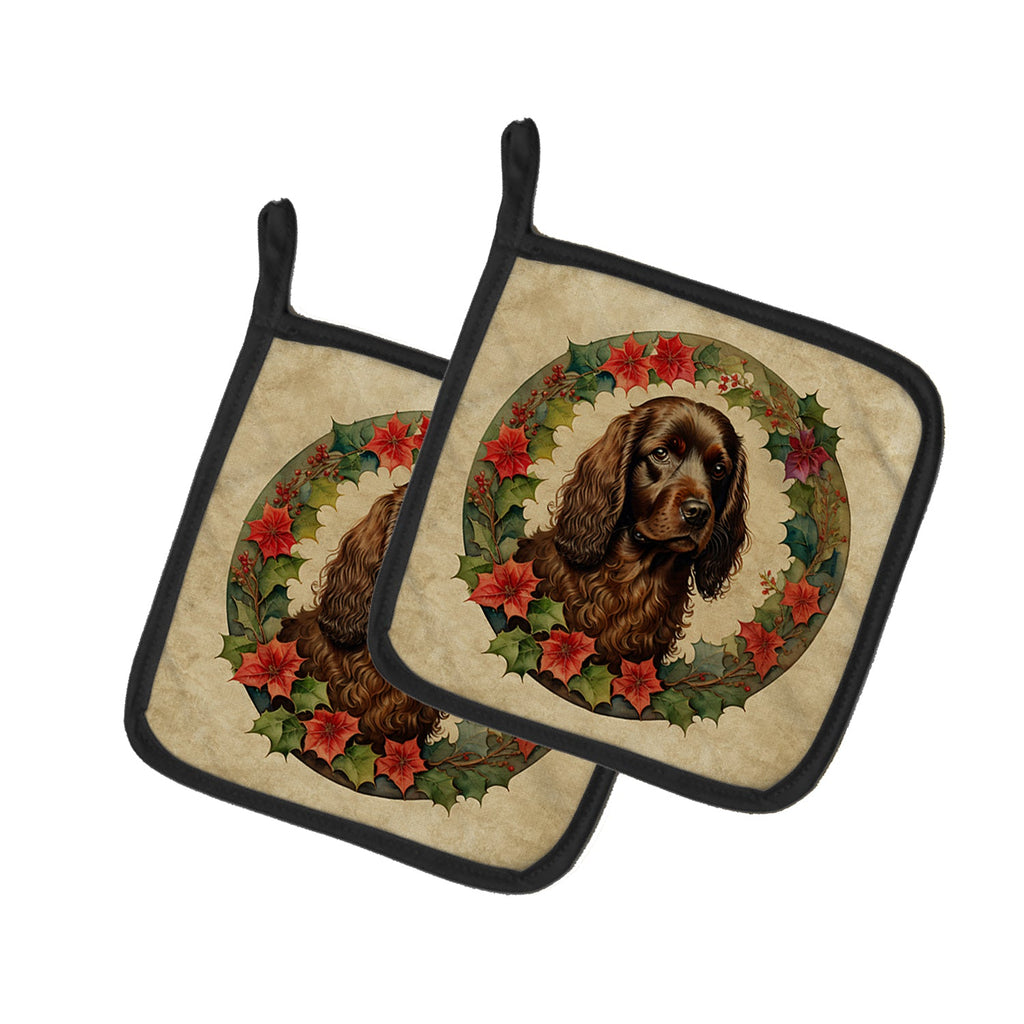 Boykin Spaniel Christmas Flowers Pot Holder Set of 2 Heat Resistant Quilted Hot Pads 7.5 x 7.5 Inch, Insulated Kitchen Trivets for Cooking & Baking