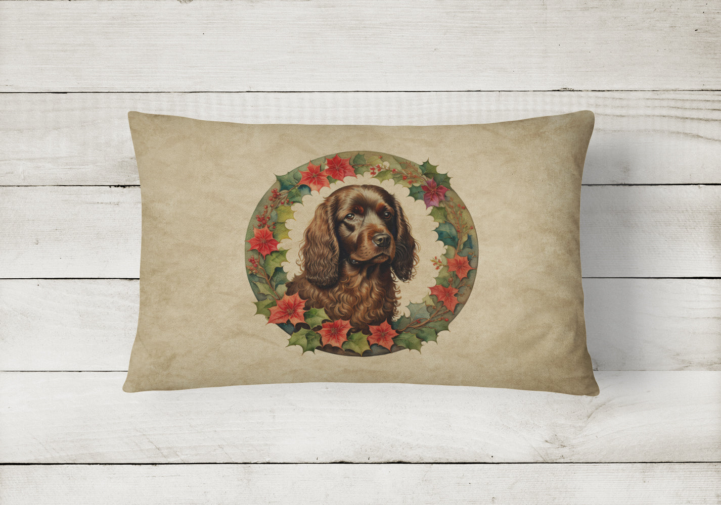 Boykin Spaniel Christmas Flowers Decorative Throw Pillow 12x16 Indoor Outdoor Accent Cushion, Fabric Cover with Insert for Sofa, Bed, Porch & Living Room
