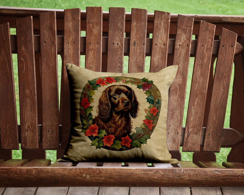 Boykin Spaniel Christmas Flowers Decorative Throw Pillow 14x14 Indoor Outdoor Accent Cushion, Fabric Cover with Insert for Sofa, Bed, Porch & Living Room