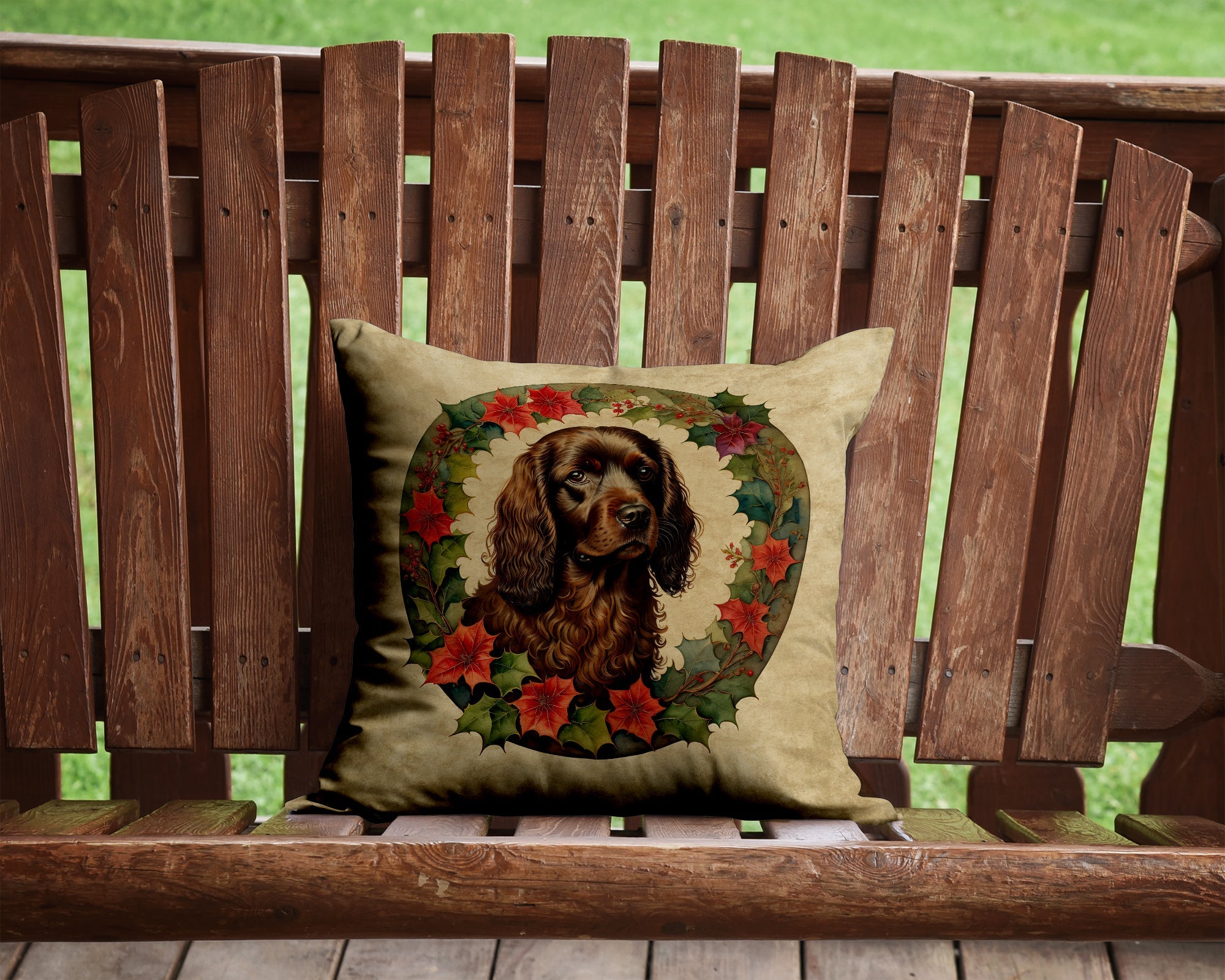 Boykin Spaniel Christmas Flowers Decorative Throw Pillow 14x14 Indoor Outdoor Accent Cushion, Fabric Cover with Insert for Sofa, Bed, Porch & Living Room