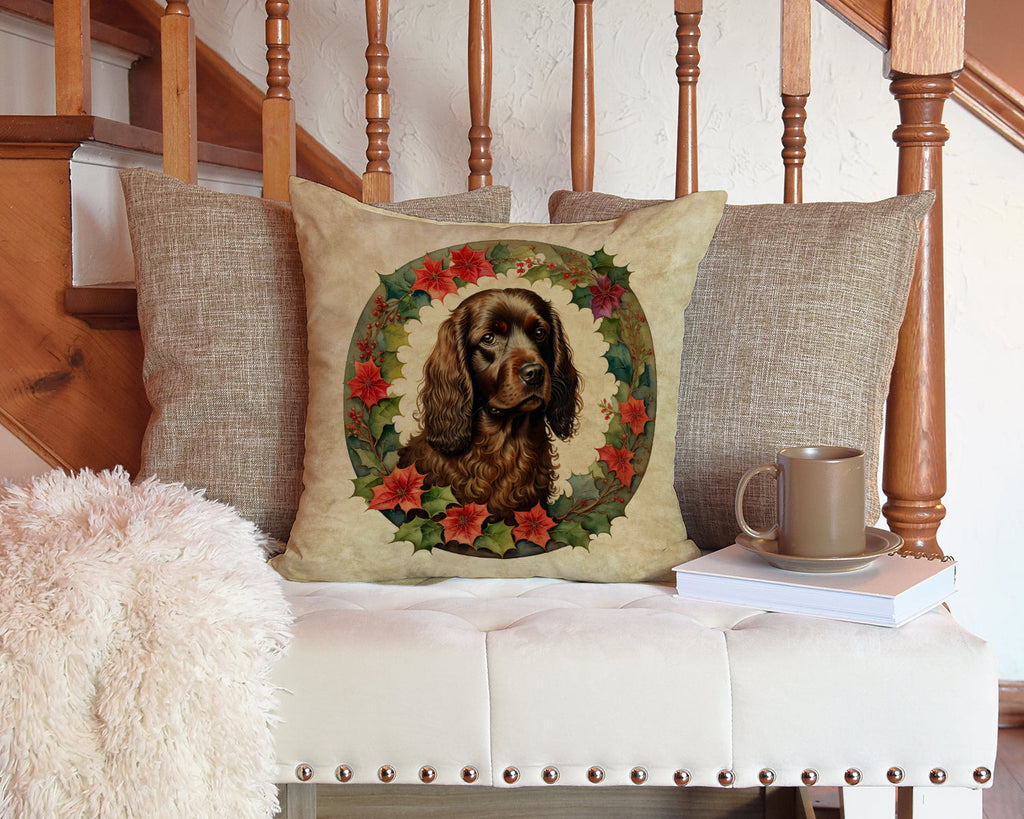 Boykin Spaniel Christmas Flowers Decorative Throw Pillow 14x14 Indoor Outdoor Accent Cushion, Fabric Cover with Insert for Sofa, Bed, Porch & Living Room