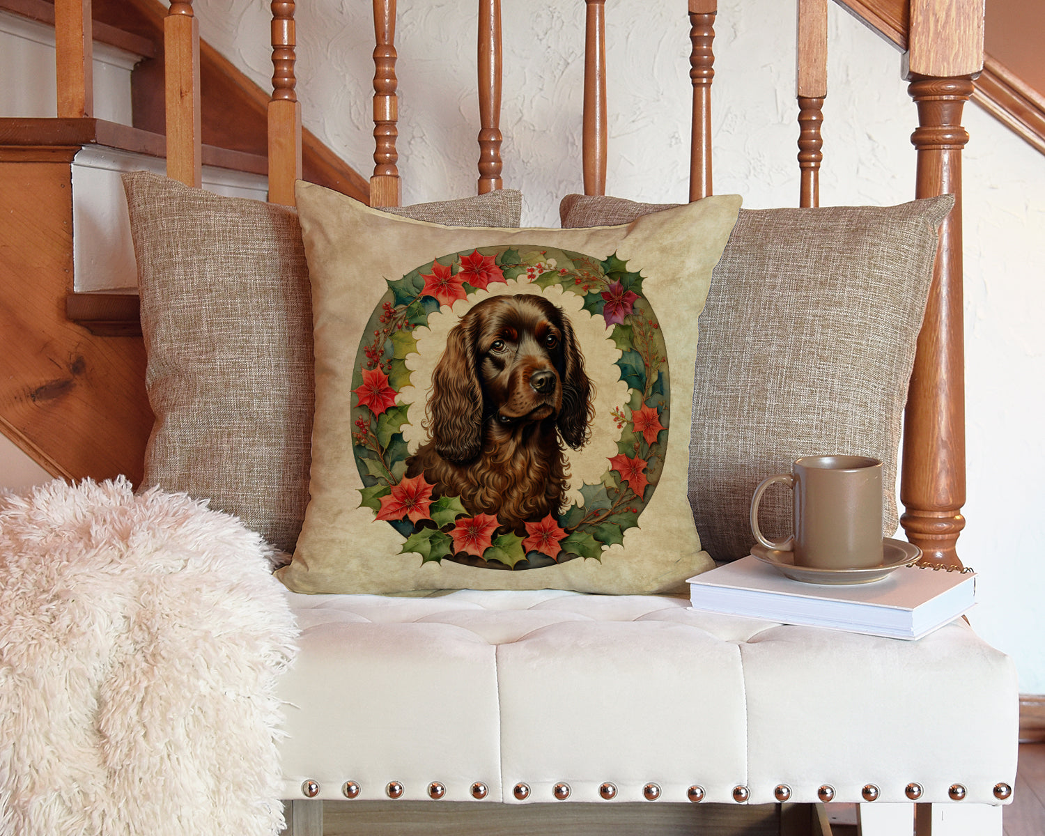 Boykin Spaniel Christmas Flowers Decorative Throw Pillow 14x14 Indoor Outdoor Accent Cushion, Fabric Cover with Insert for Sofa, Bed, Porch & Living Room