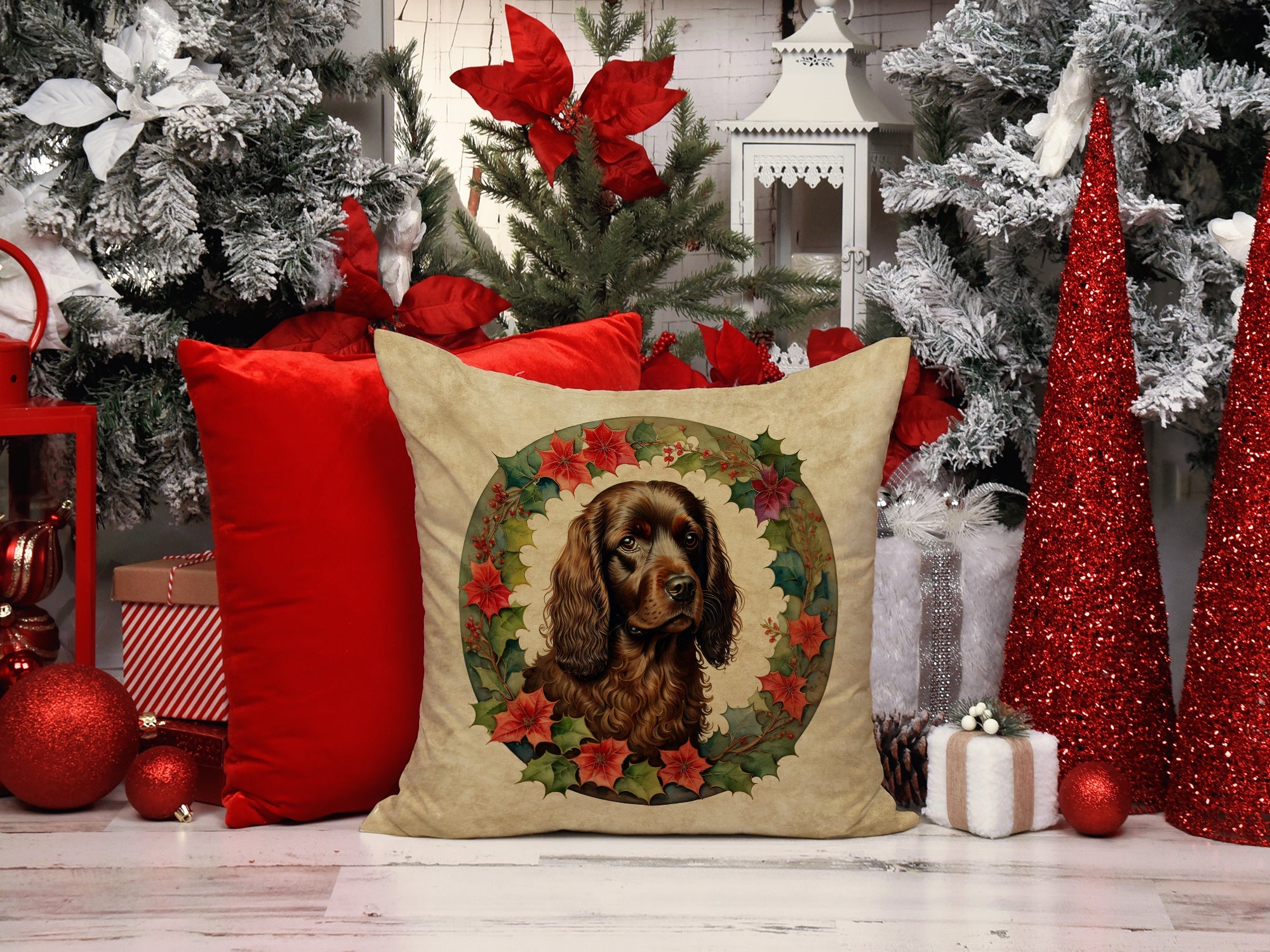 Boykin Spaniel Christmas Flowers Decorative Throw Pillow 18x18 Indoor Outdoor Accent Cushion, Fabric Cover with Insert for Sofa, Bed, Porch & Living Room