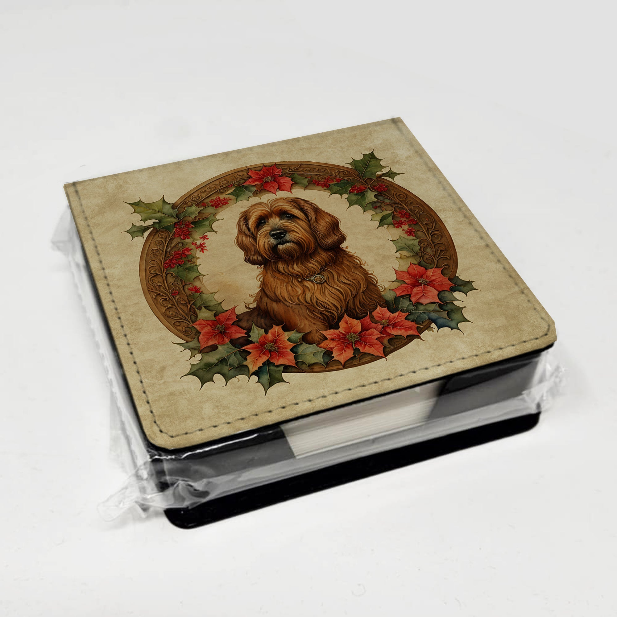 Briard Christmas Flowers PU Leather Note Paper Holder with Artist-Designed Cover, Desk Accessory, Office Gift