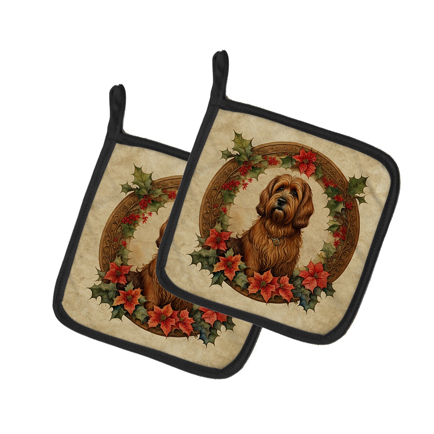 Briard Christmas Flowers Pot Holder Set of 2 Heat Resistant Quilted Hot Pads 7.5 x 7.5 Inch, Insulated Kitchen Trivets for Cooking & Baking