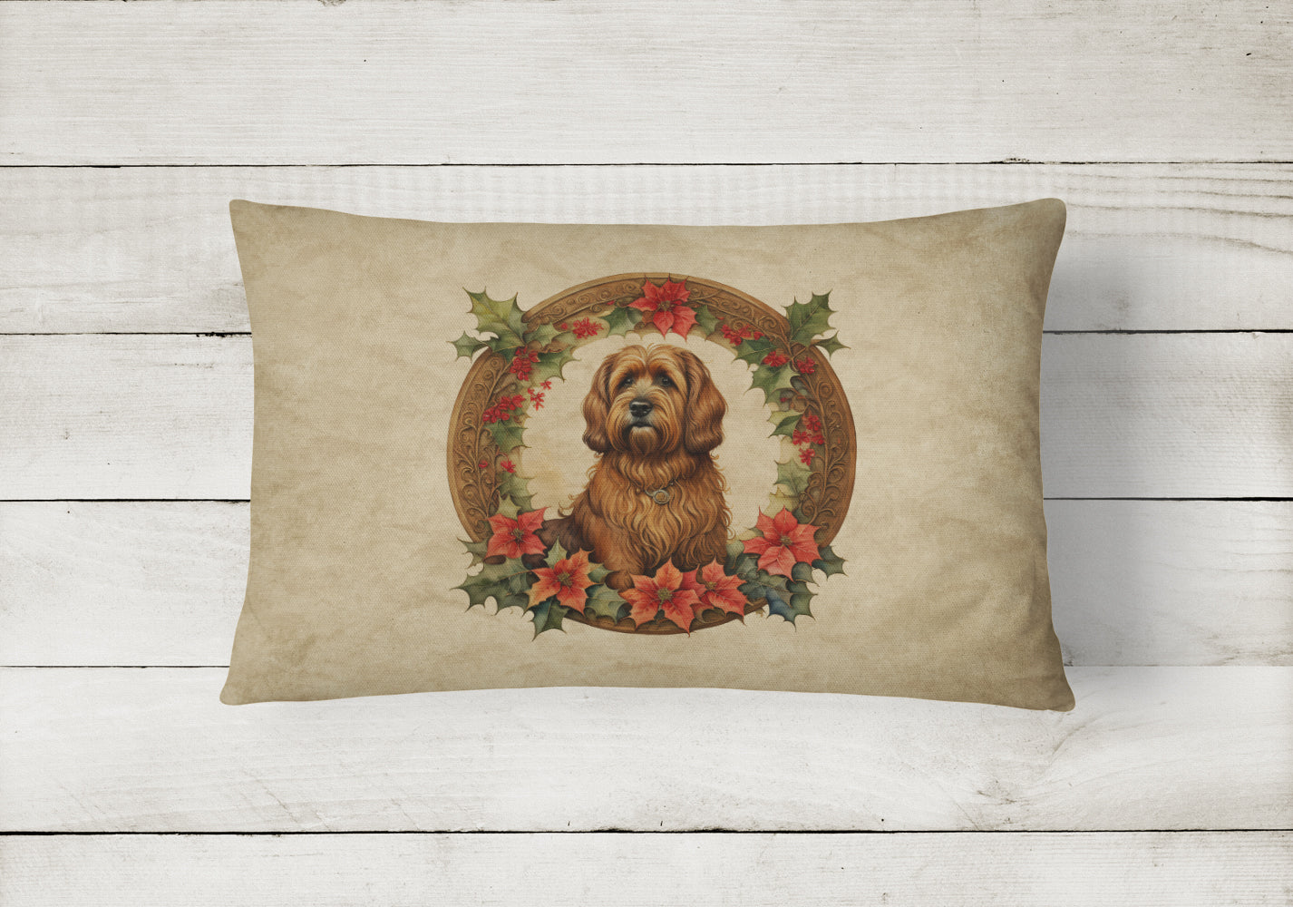 Briard Christmas Flowers Decorative Throw Pillow 12x16 Indoor Outdoor Accent Cushion, Fabric Cover with Insert for Sofa, Bed, Porch & Living Room