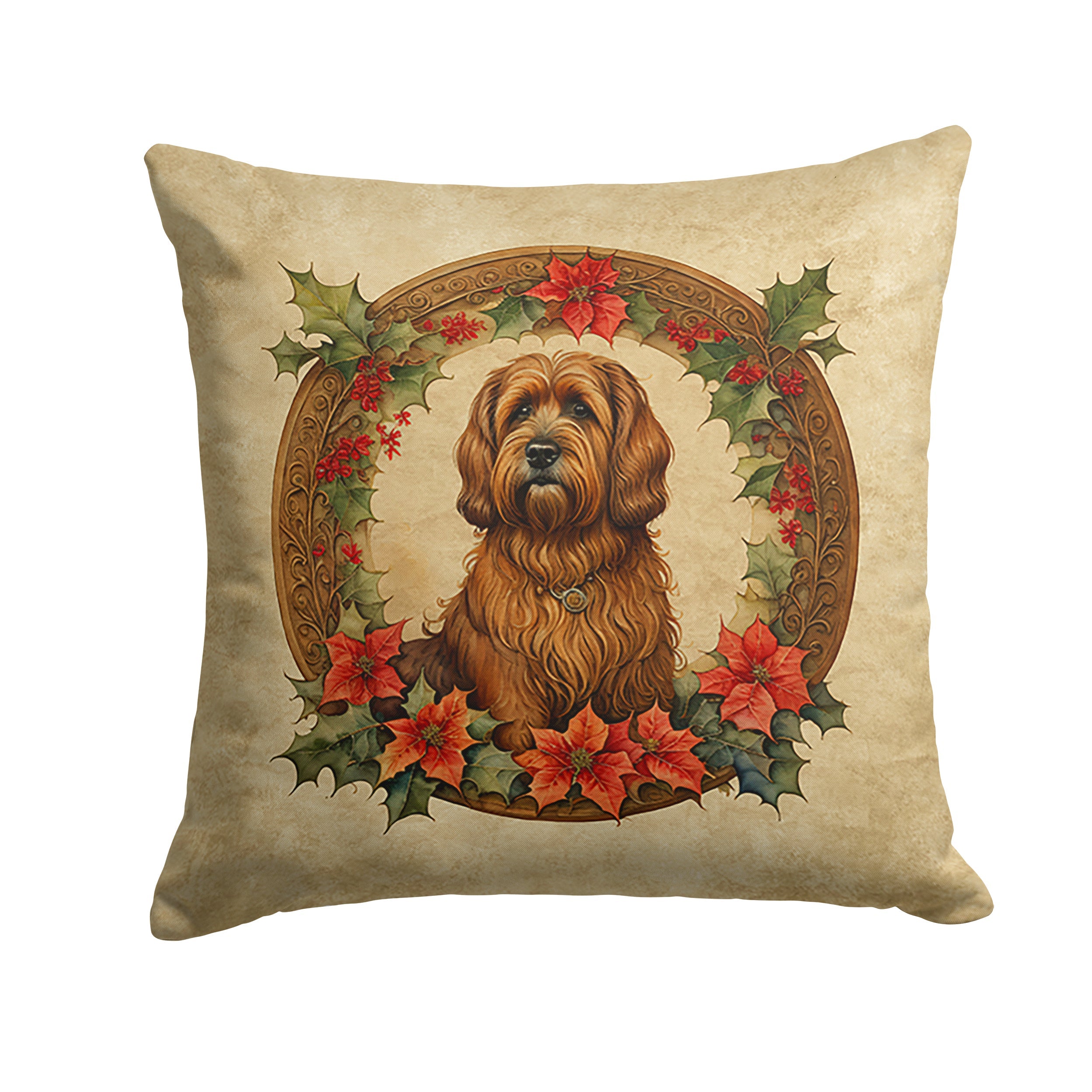 Briard Christmas Flowers Decorative Throw Pillow 14x14 Indoor Outdoor Accent Cushion, Fabric Cover with Insert for Sofa, Bed, Porch & Living Room