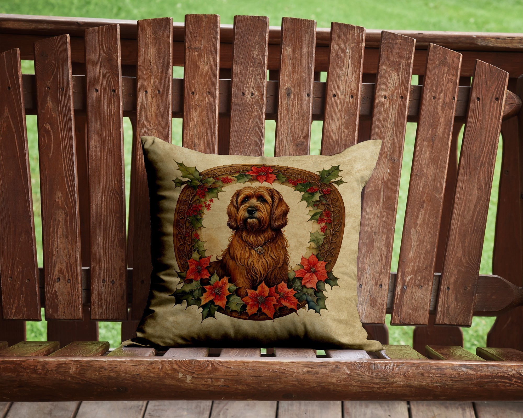 Briard Christmas Flowers Decorative Throw Pillow 14x14 Indoor Outdoor Accent Cushion, Fabric Cover with Insert for Sofa, Bed, Porch & Living Room