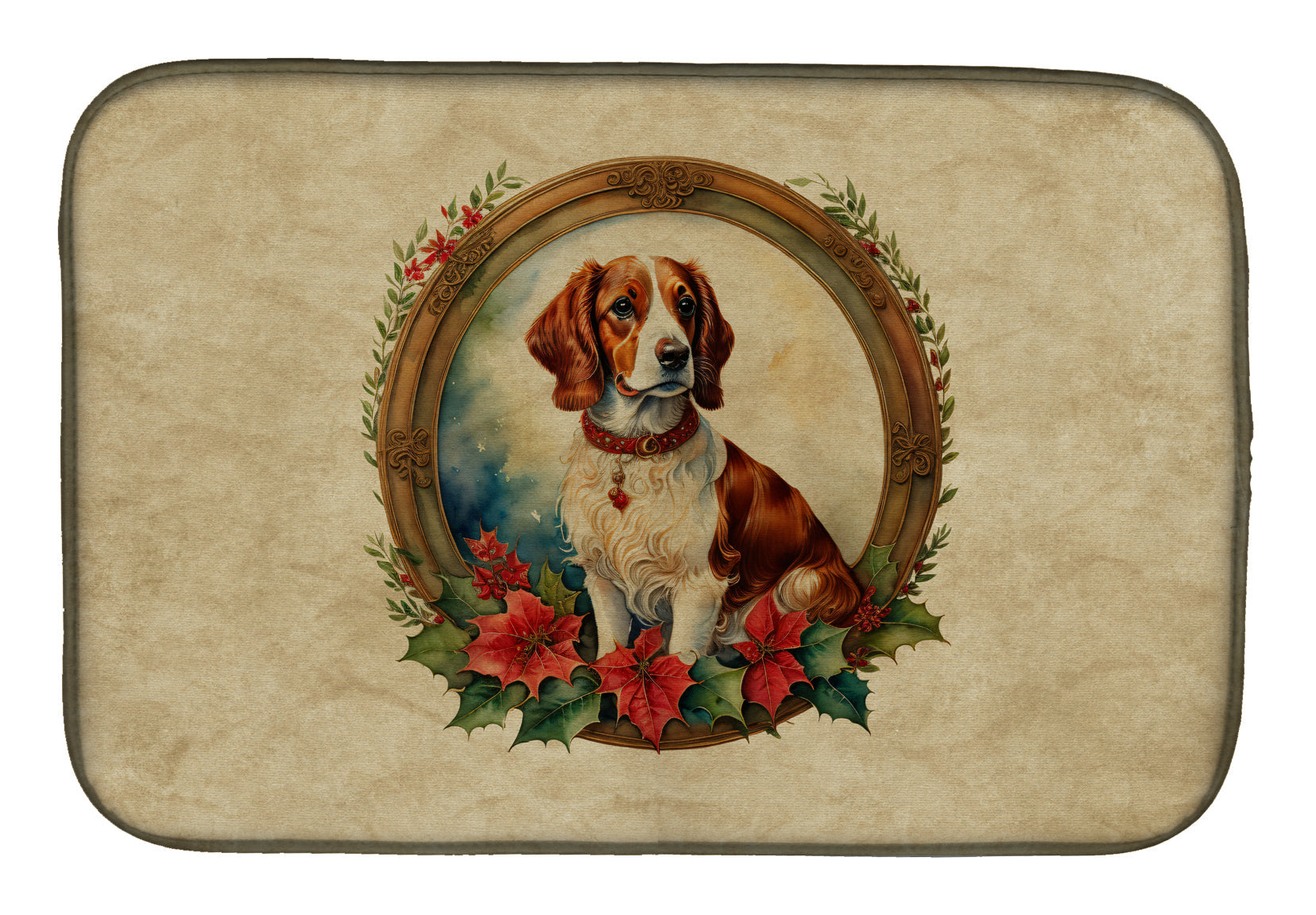 Brittany Spaniel Christmas Flowers Dish Drying Mat Absorbent Dish Drying Mat Pad for Kitchen Counter Dish Drainer Mat for Countertop, 14 x 21", Multicolor