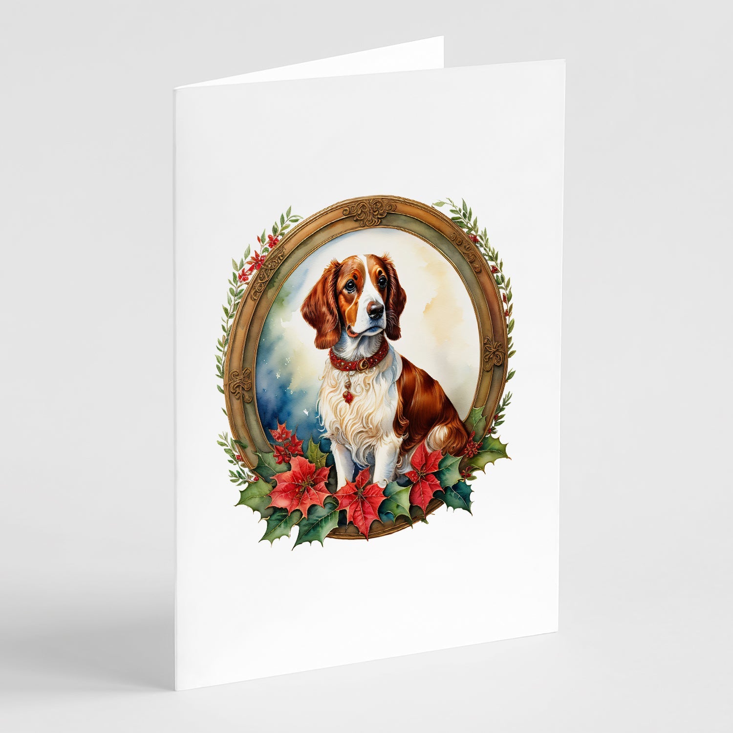 Brittany Spaniel Christmas Flowers Greeting Cards Pack of 8 Blank Cards with Envelopes Whimsical A7 Size 5x7