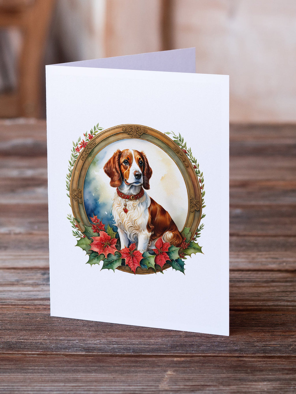 Brittany Spaniel Christmas Flowers Greeting Cards Pack of 8 Blank Cards with Envelopes Whimsical A7 Size 5x7