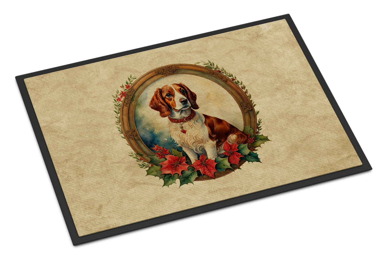 Brittany Spaniel Christmas Flowers Doormat Indoor Outdoor 24H X 36W Front Door Mat Rugs for Entryway, Non Slip Washable Low Pile,