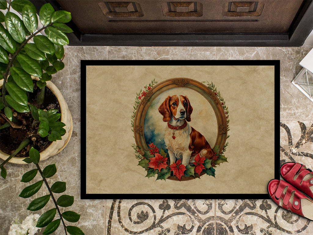 Brittany Spaniel Christmas Flowers Doormat Indoor Outdoor 24H X 36W Front Door Mat Rugs for Entryway, Non Slip Washable Low Pile,