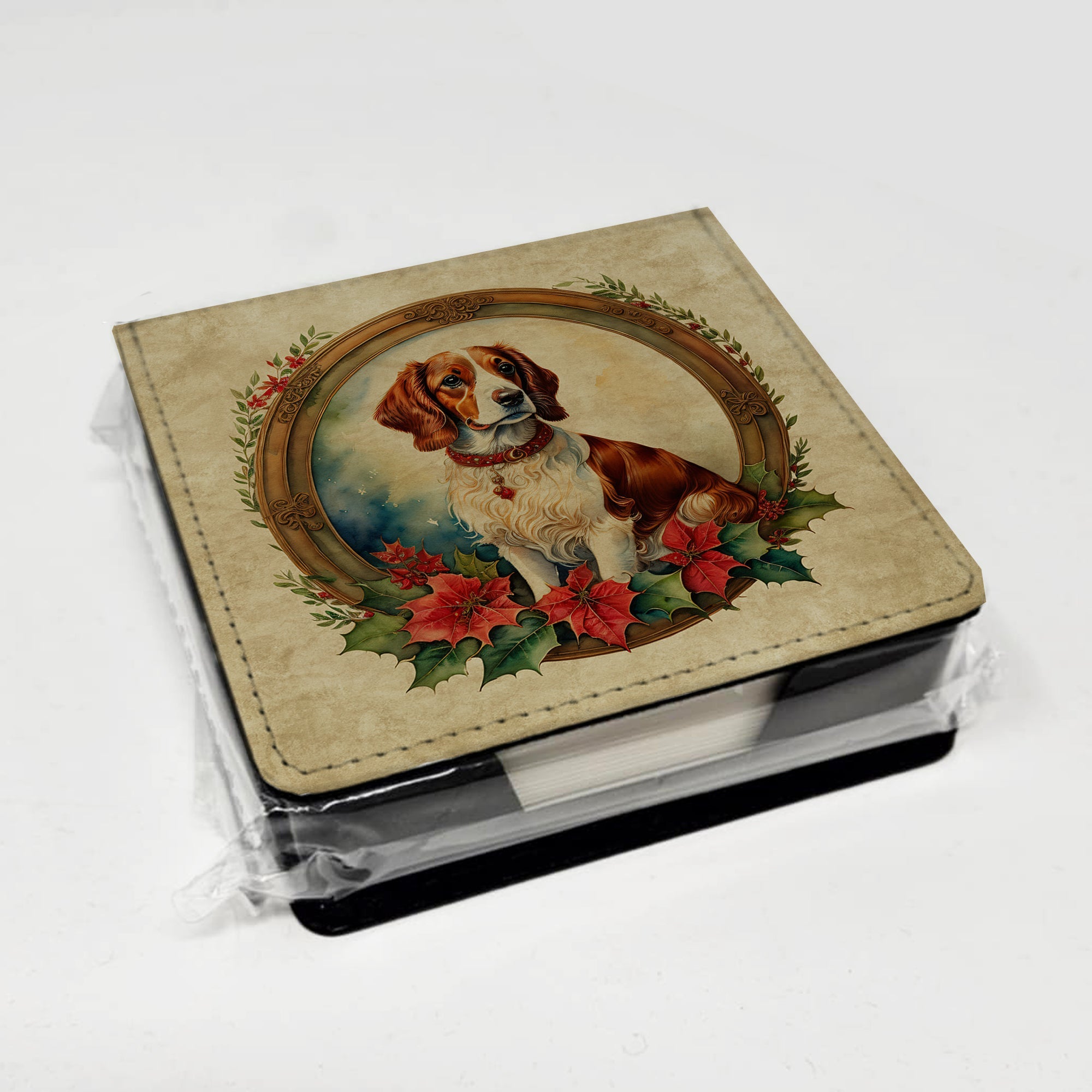 Brittany Spaniel Christmas Flowers PU Leather Note Paper Holder with Artist-Designed Cover, Desk Accessory, Office Gift