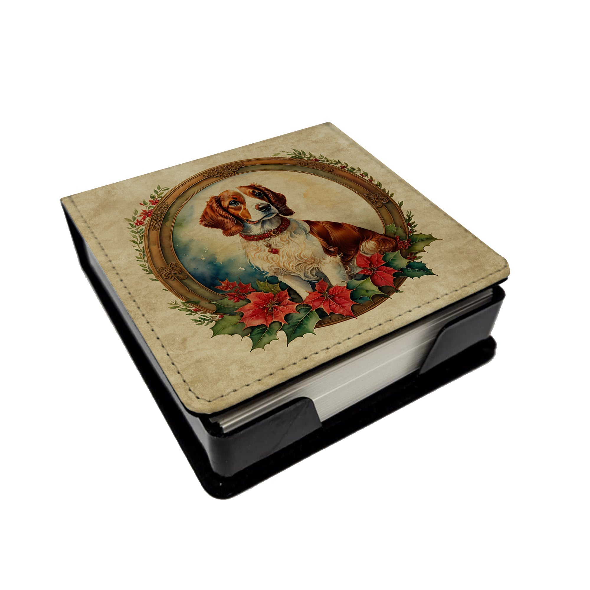 Brittany Spaniel Christmas Flowers PU Leather Note Paper Holder with Artist-Designed Cover, Desk Accessory, Office Gift