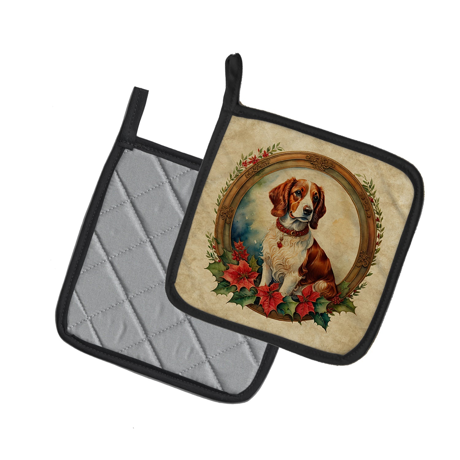 Brittany Spaniel Christmas Flowers Pot Holder Set of 2 Heat Resistant Quilted Hot Pads 7.5 x 7.5 Inch, Insulated Kitchen Trivets for Cooking & Baking