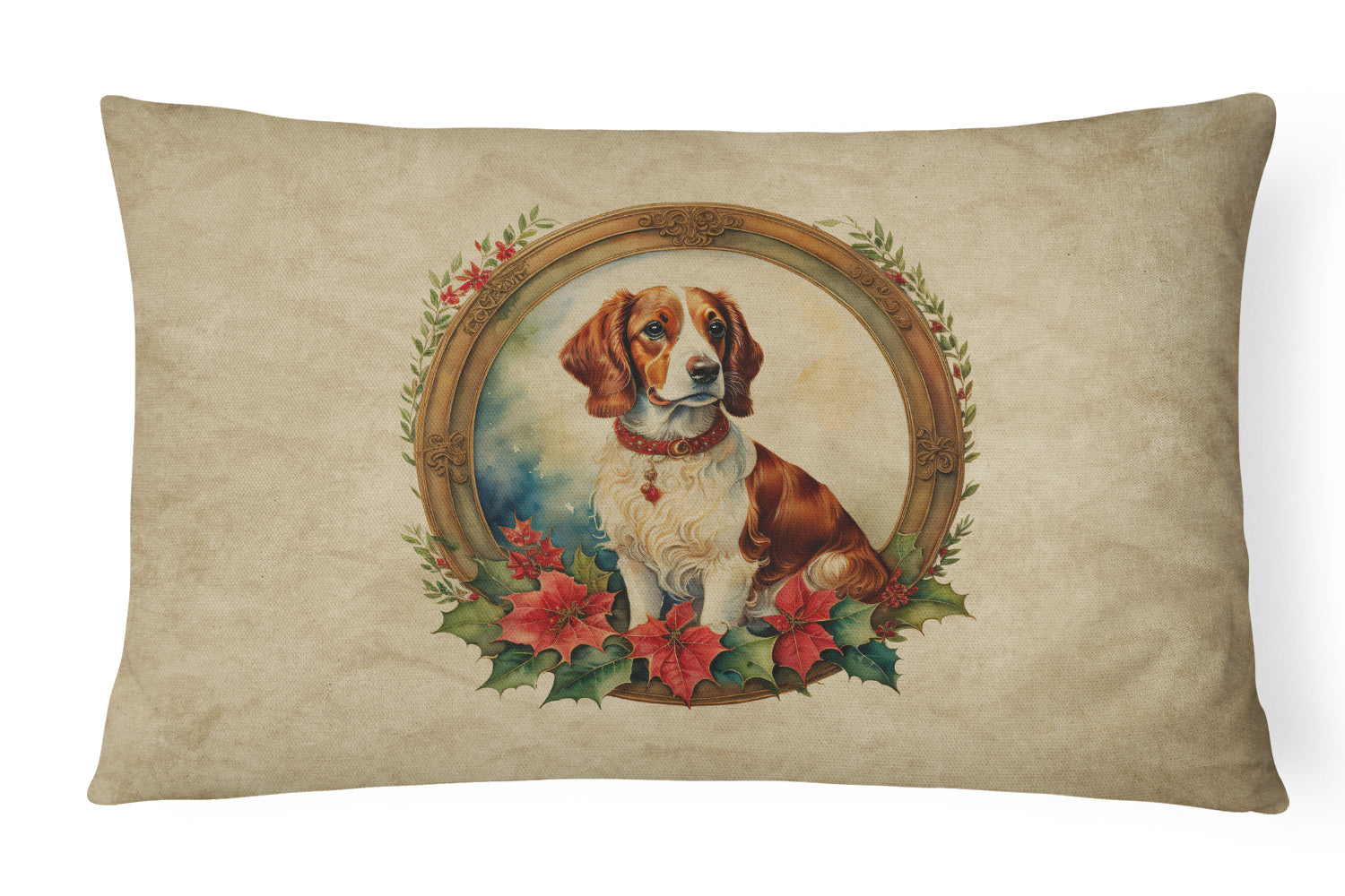 Brittany Spaniel Christmas Flowers Decorative Throw Pillow 12x16 Indoor Outdoor Accent Cushion, Fabric Cover with Insert for Sofa, Bed, Porch & Living Room