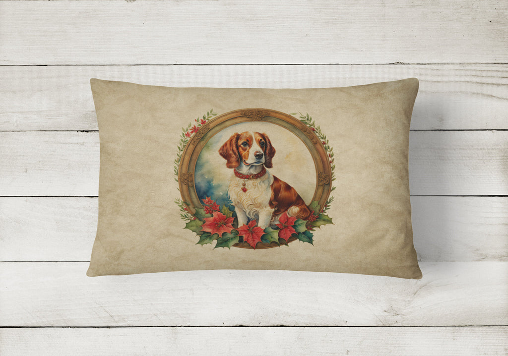 Brittany Spaniel Christmas Flowers Decorative Throw Pillow 12x16 Indoor Outdoor Accent Cushion, Fabric Cover with Insert for Sofa, Bed, Porch & Living Room